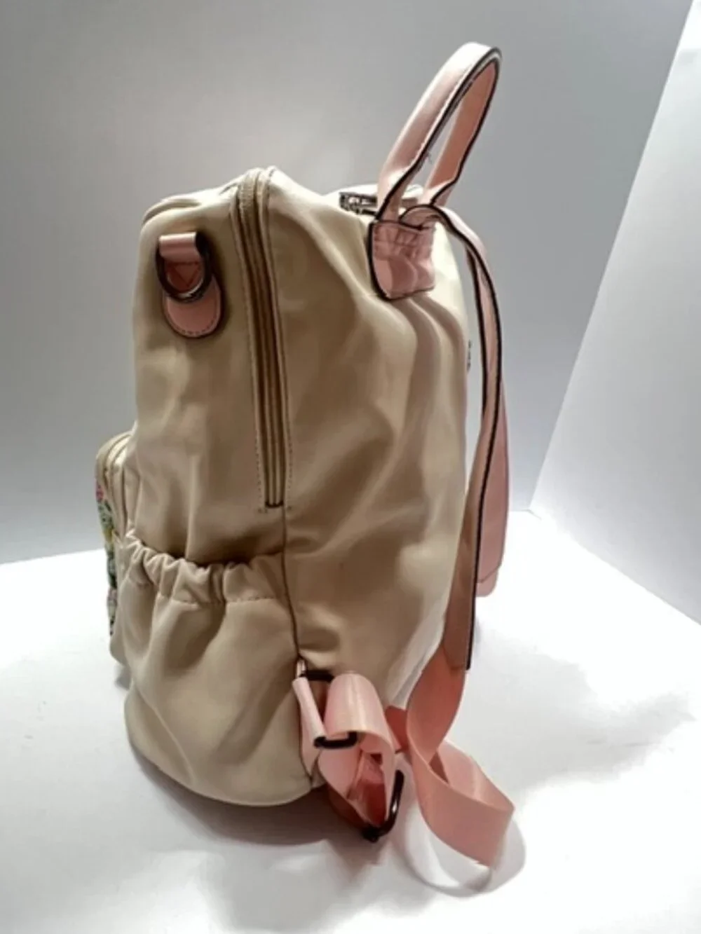 Cluci Cream/Pink w/Floral Front-Pocket Vegan Leather Backpack EUC
